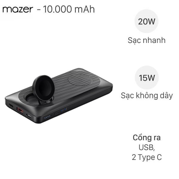 Pin sạc dự phòng Polymer 10000mAh Không dây Magnetic 4 in 1 Type C PD 20W Mazer MagAir14 Duo