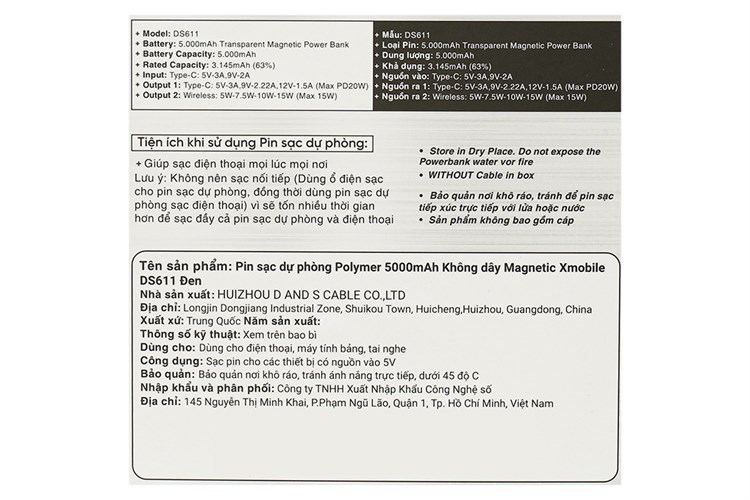 Pin sạc dự phòng Polymer 5000mAh không dây Magnetic Type C PD 20W Xmobile DS611 Màu Đen