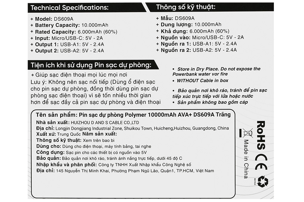 Pin sạc dự phòng Polymer 10000mAh 12W AVA+ DS609A Màu Trắng