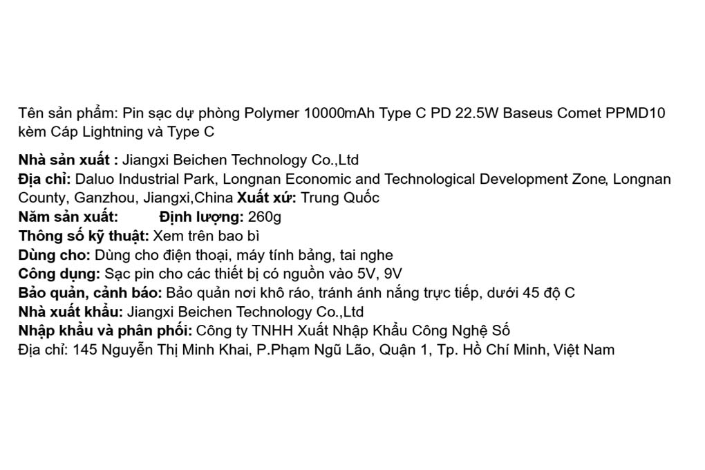 Pin sạc dự phòng Polymer 10000mAh Type C PD 22.5W Baseus Comet PPMD10 kèm cáp Lightning và Type C Màu Trắng