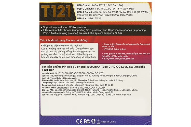 Pin sạc dự phòng 10000mAh Type C PD QC3.0 22.5W Xmobile T121 Màu Đen