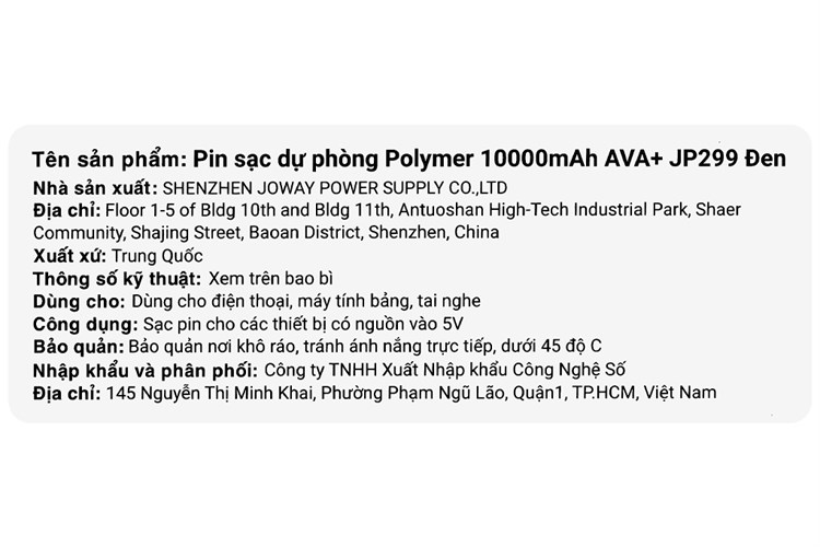 Pin sạc dự phòng Polymer 10000mAh 12W AVA+ JP299 Màu Đen