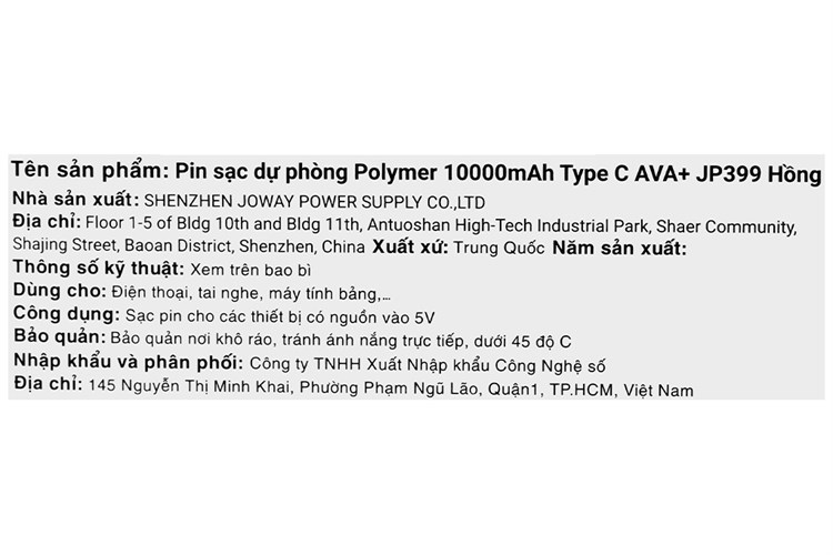 Pin sạc dự phòng Polymer 10000mAh Type C 15W AVA+ JP399 Màu Hồng