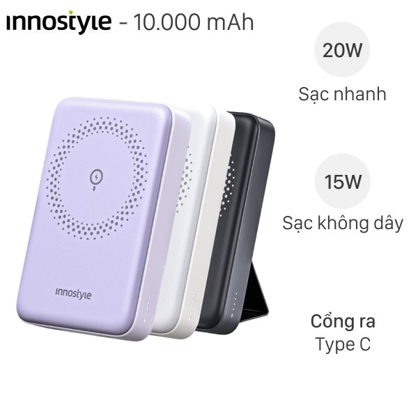 Pin sạc dự phòng 10000mAh Không dây Magnetic Type C PD 20W Innostyle PowerMag 2in1 IS20PD
