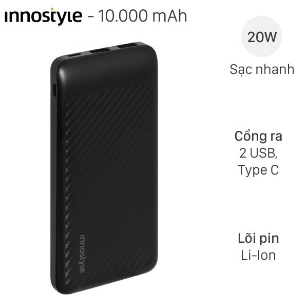 Pin sạc dự phòng 10000mAh Type C PD QC3.0 20W Innostyle PowerSmart IP20G2