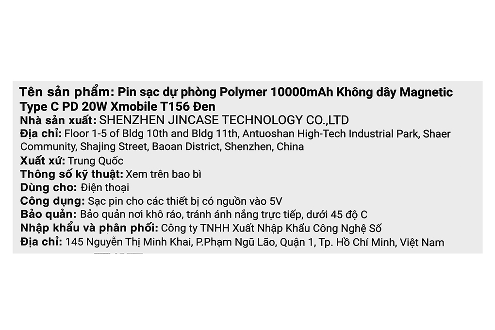 Pin sạc dự phòng Polymer 10000mAh không dây Magnetic Type C PD 20W Xmobile T156 Màu Đen