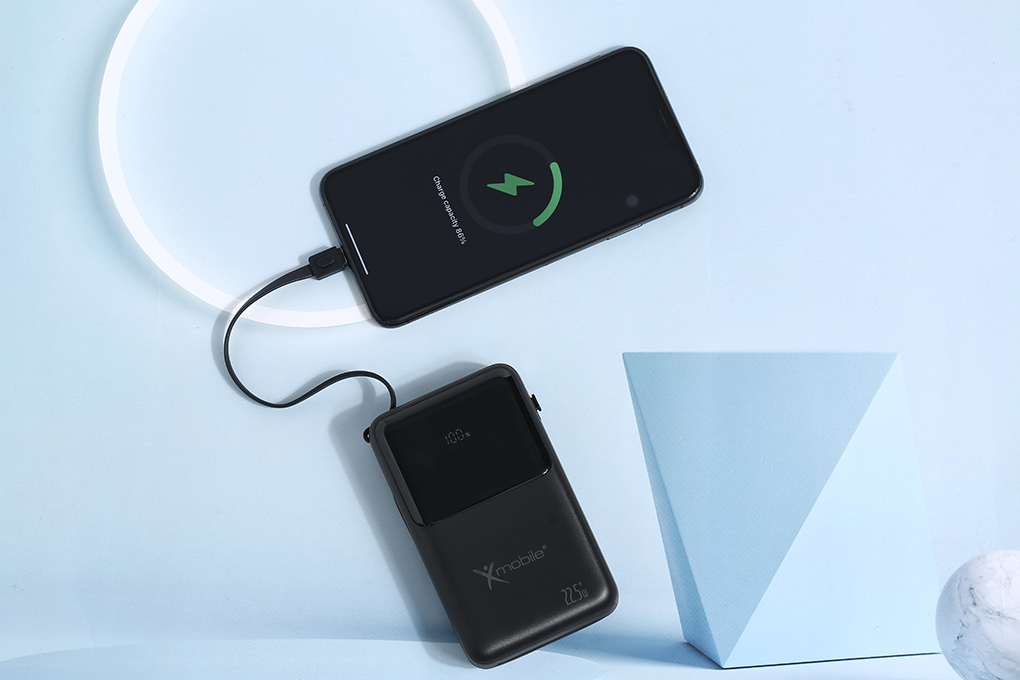 Pin sạc dự phòng Polymer 20000mAh Type C PD QC 3.0 22.5W Xmobile S2032 kèm cáp Lightning và Type C Màu Đen