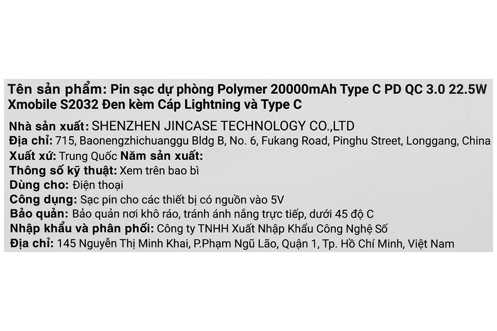 Pin sạc dự phòng Polymer 20000mAh Type C PD QC 3.0 22.5W Xmobile S2032 kèm cáp Lightning và Type C Màu Đen