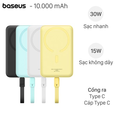 Pin sạc dự phòng Polymer 10000mAh không dây Magnetic Type C PD 30W Baseus PPCXM10T kèm cáp Type C