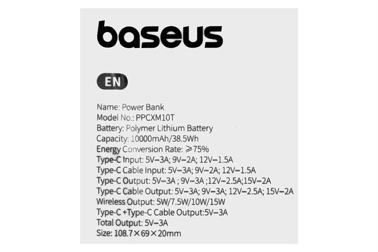 Pin sạc dự phòng Polymer 10000mAh không dây Magnetic Type C PD 30W Baseus PPCXM10T kèm cáp Type C Màu Đen