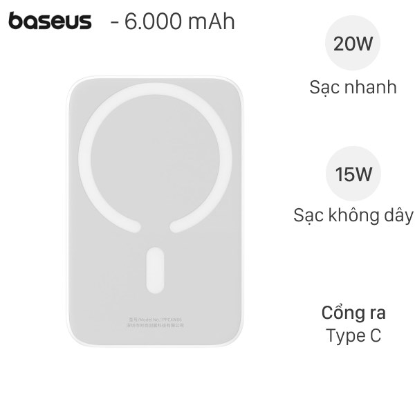 Pin Sạc Dự Phòng Polymer 6000Mah Không Dây Magnetic Type C Pd 20W Baseus Ppcxm06