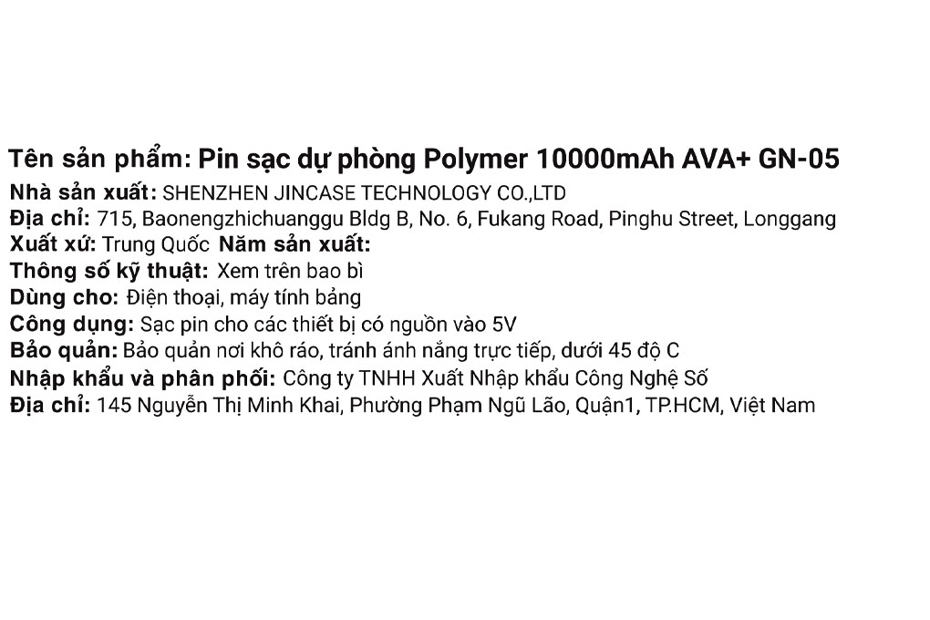 Pin sạc dự phòng Polymer 10000mAh 10.5W AVA+ GN-05 Màu Đen