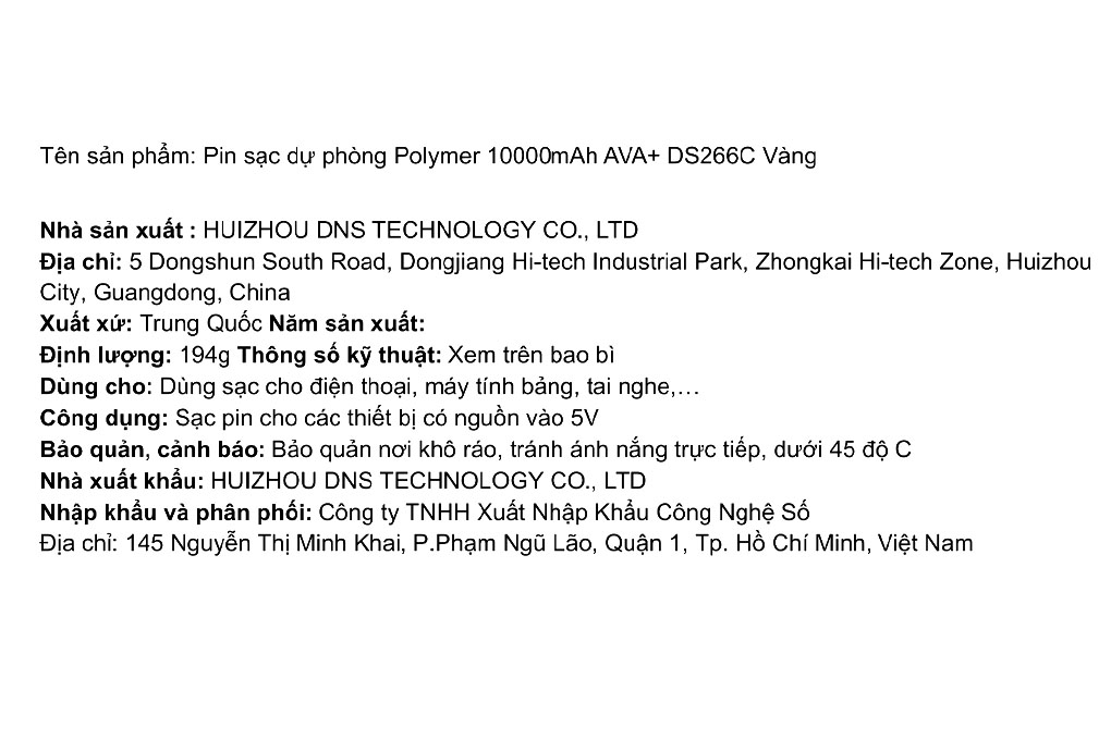 Pin sạc dự phòng Polymer 10000mAh 12W AVA+ DS266C Màu Vàng nhạt