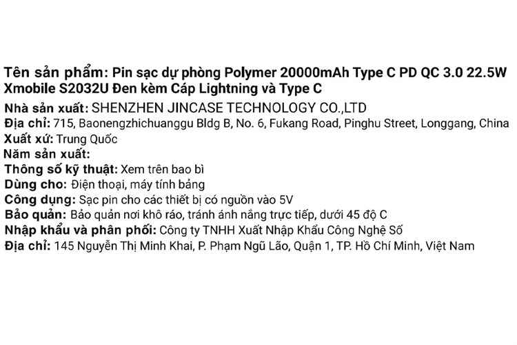 Pin sạc dự phòng Polymer 20000mAh Type C PD QC 3.0 22.5W Xmobile S2032U kèm cáp Lightning và Type C Màu Đen