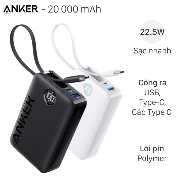 Pin Sạc Dự Phòng 20000Mah Type C Pd Qc 3.0 22.5W Anker A1647
