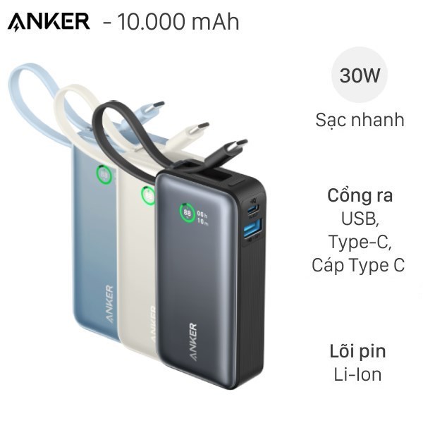 Pin sạc dự phòng 10000mAh Type C PD QC 3.0 30W Anker Nano A1259 kèm cáp Type C