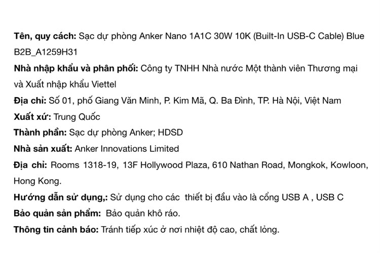 Pin sạc dự phòng 10000mAh Type C PD QC 3.0 30W Anker Nano A1259 kèm cáp Type C Màu Xanh