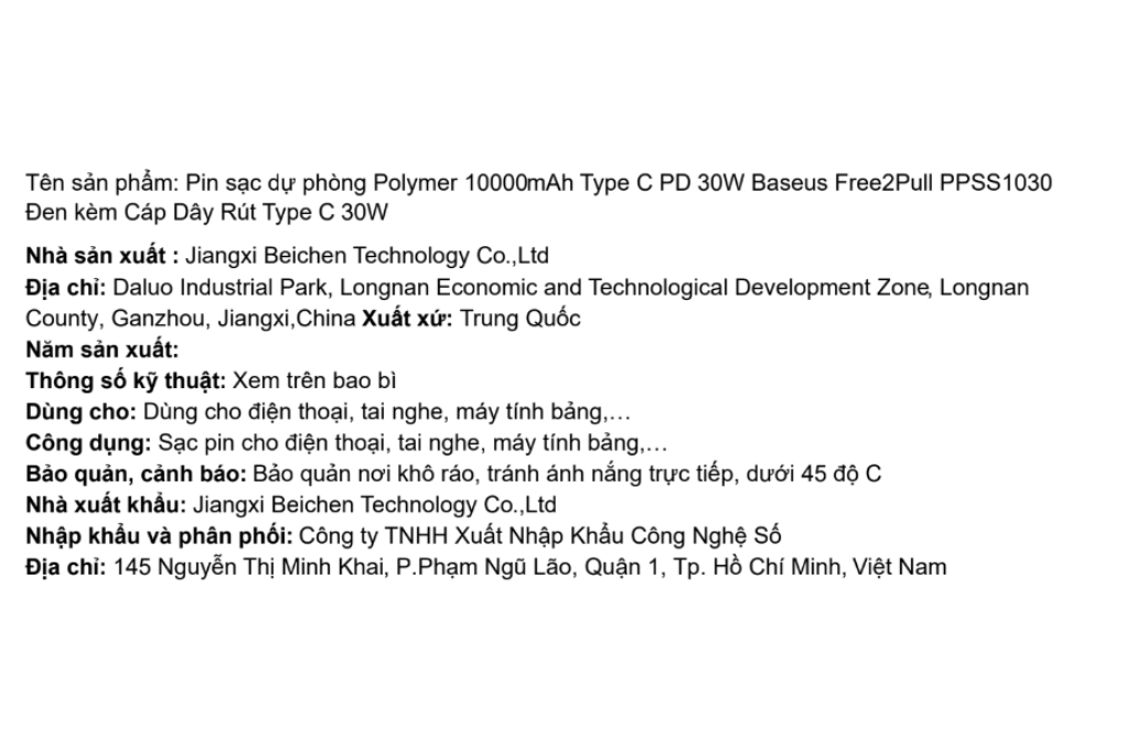 Pin sạc dự phòng Polymer 10000mAh Type C PD 30W Baseus Free2Pull PPSS1030 kèm Cáp Type C Màu Đen