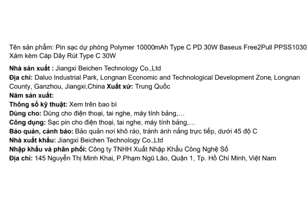 Pin sạc dự phòng Polymer 10000mAh Type C PD 30W Baseus Free2Pull PPSS1030 kèm Cáp Type C Màu Xám