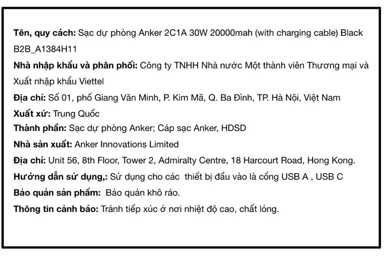 Pin sạc dự phòng 20000mAh Type C PD QC 3.0 30W Anker A1384 kèm Cáp Type C Màu Đen