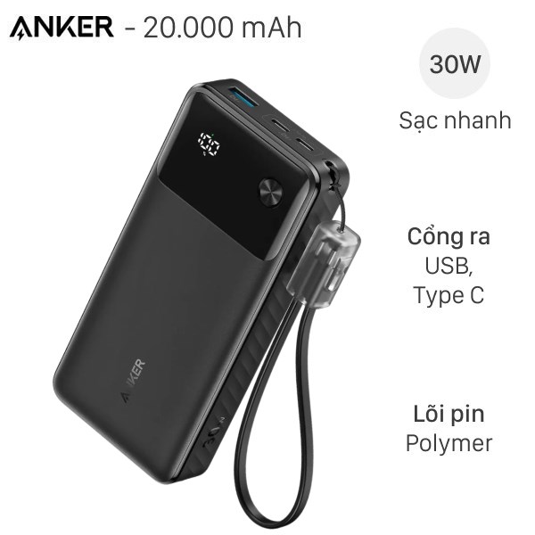 Pin Sạc Dự Phòng 20000Mah Type C Pd Qc 3.0 30W Anker A1384 Kèm Cáp Type C