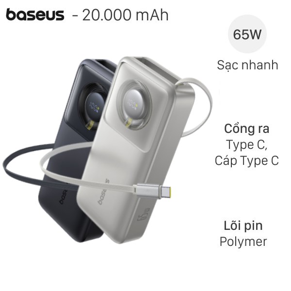 Pin Sạc Dự Phòng Polymer 20000Mah Type C Pd 65W Baseus Free2Pull Pplsc01 - 20 Kèm Cáp Type C