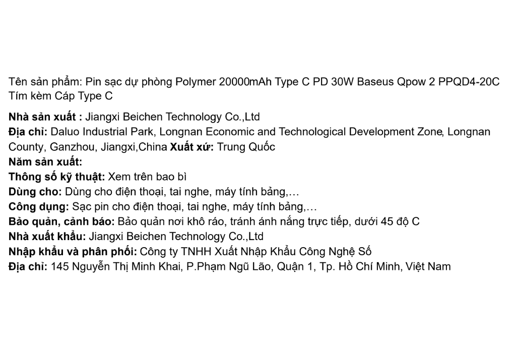 Pin sạc dự phòng Polymer 20000mAh Type C PD 30W Baseus Qpow 2 PPQD4-20C kèm Cáp Type C - 6