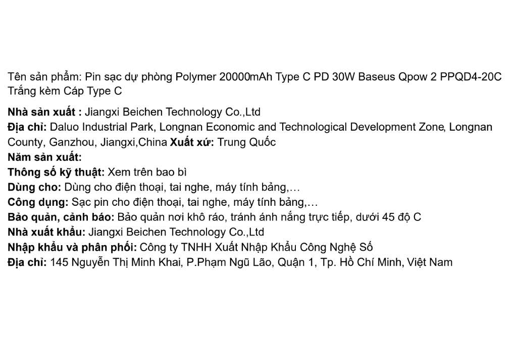 Pin sạc dự phòng Polymer 20000mAh Type C PD 30W Baseus Qpow 2 PPQD4-20C kèm Cáp Type C - 6
