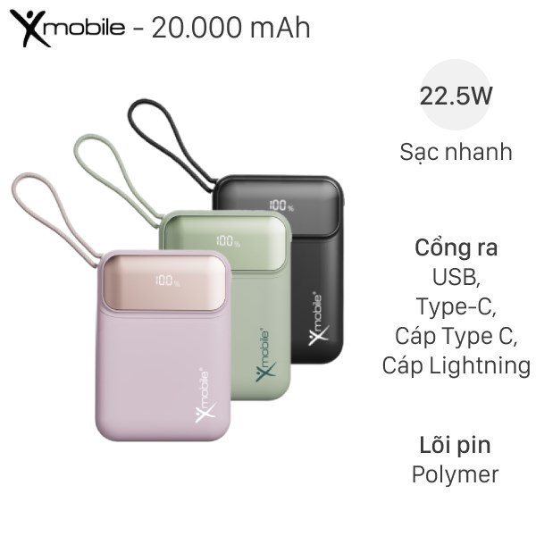 Pin sạc dự phòng Polymer 20000mAh Type C PD QC 3.0 22.5W Xmobile MH811 kèm Cáp Lightning và Type C