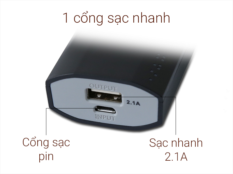 1 cổng sạc nguồn ra 2.1A và jack sạc nạp pin 2.1A 1 cổng sạc nguồn ra 2.1A và jack sạc nạp pin 2.1A
