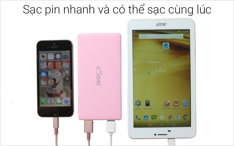 Thời gian đầy pin từ 2 đến 3 giờ với nguồn điện 2.1A, từ 5 đến 6 giờ với nguồn vào 1A Thời gian đầy pin từ 2 đến 3 giờ với nguồn điện 2.1A, từ 5 đến 6 giờ với nguồn vào 1A