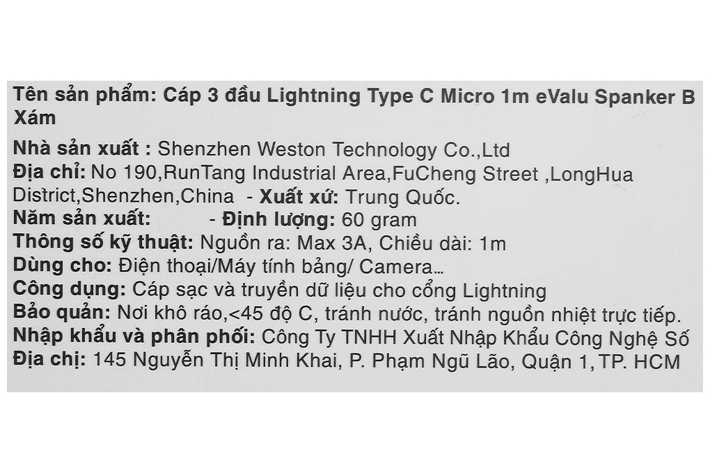 Cáp 3 đầu Lightning Type C Micro 1m eValu Spanker B