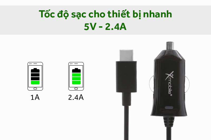 Sạc xe hơi Type-C 2.4A 1 m Xmobile DS196-WB Đen