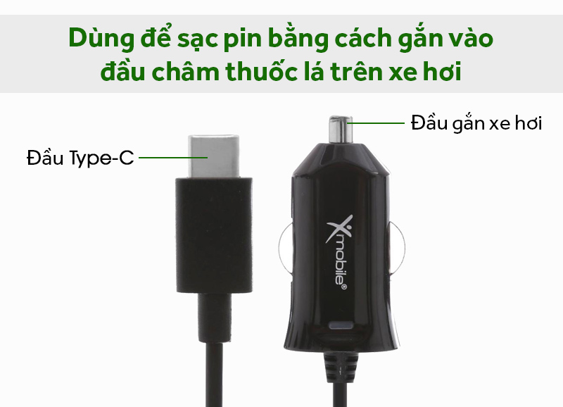 Sạc xe hơi Type-C 2.4A 1 m Xmobile DS196-WB Đen