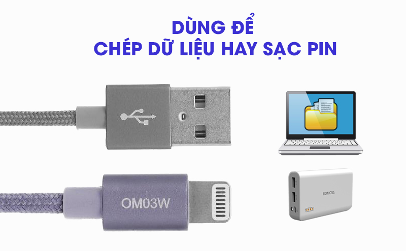 Cáp Lightning MFI 1m Omars OM03W Xám