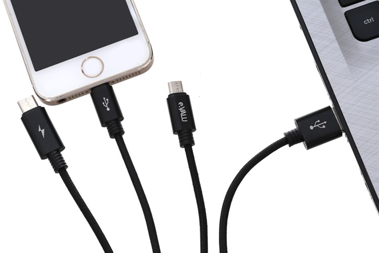 Cáp 3 đầu Lightning Type-C Micro 1 m e.VALU Spanker B Đen Màu Đen