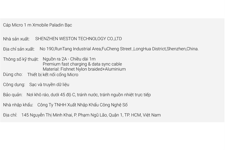 Cáp Micro USB 1m Xmobile Paladin Màu Bạc