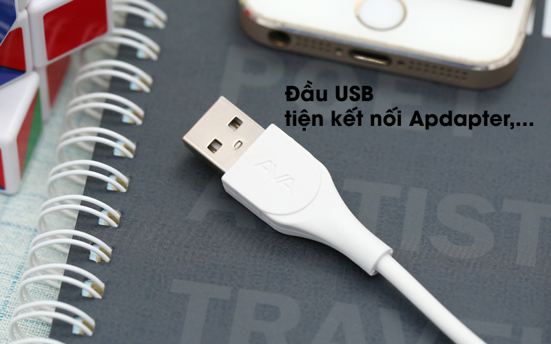 Cáp Lightning 2m AVA U-Shape Trắng đầu usb kết nối với adapter