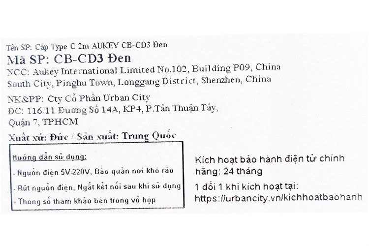 Cáp Type-C 2m AUKEY CB-CD3 Màu Đen