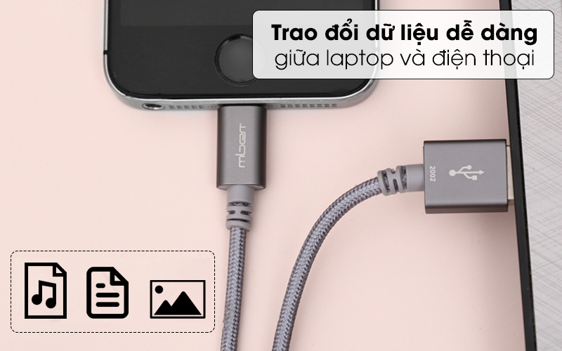 Trao đổi dữ liệu dễ dàng giữa điện thoại và laptop - Cáp Lightning MFI 1 m Mbest DS286-WB Xám