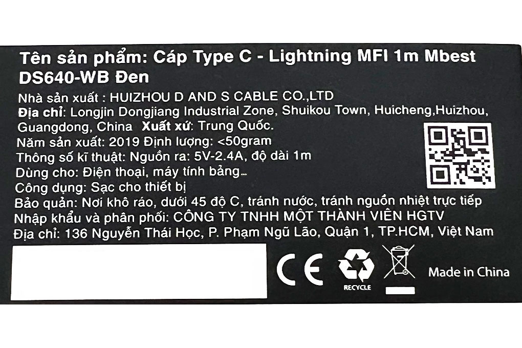 Cáp Type-C - Lightning MFI 1 m Mbest DS640-WB Đen