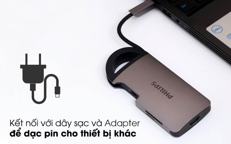 Adapter chuyển đổi Type-C 7 in 1 Philips SWR1606B Xám có khả năng sạc pin cho thiết bị khác