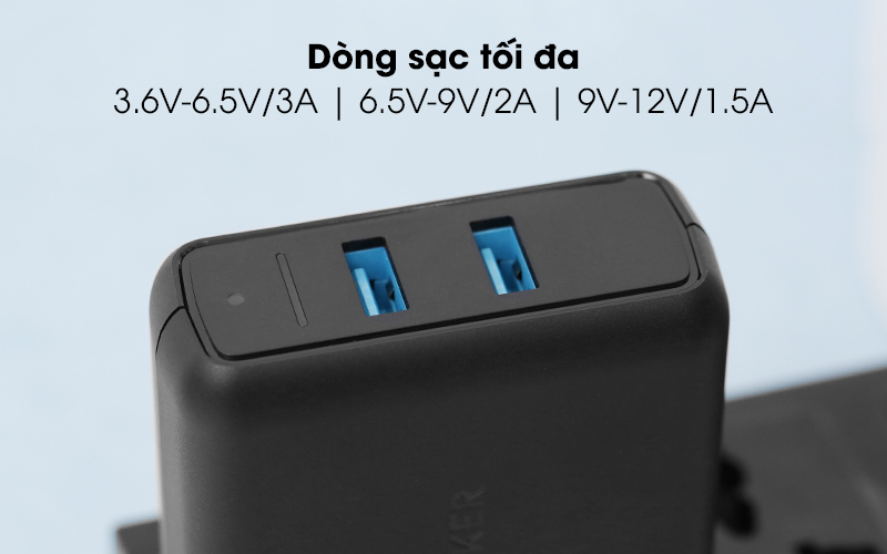Adapter sạc 2 cổng 3A Anker A2025 đen có tốc độ sạc pin nhanh chóng