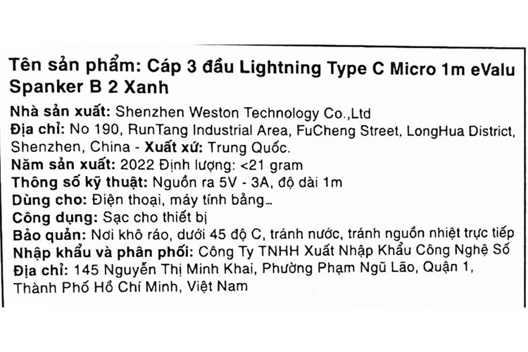 Cáp 3 đầu Lightning Type C Micro 1m eValu Spanker B Xanh Biển Màu Xanh Dương