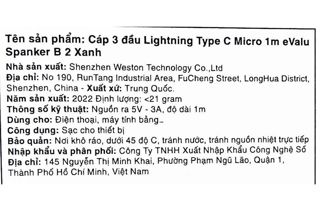 Cáp 3 đầu Lightning Type C Micro 1m eValu Spanker B Xanh Biển