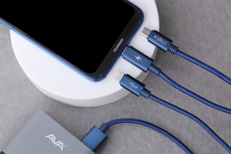 Cáp 3 đầu Lightning Type C Micro 1m eValu Spanker B Xanh Biển Màu Xanh Dương