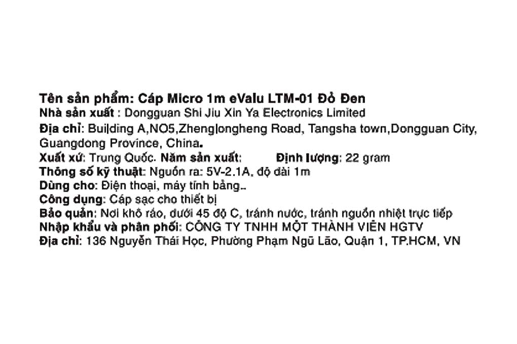 Cáp sạc và truyền dữ liệu USB-A - Micro USB 10.5W 1m eValu LTM-01 Màu Đen - Đỏ