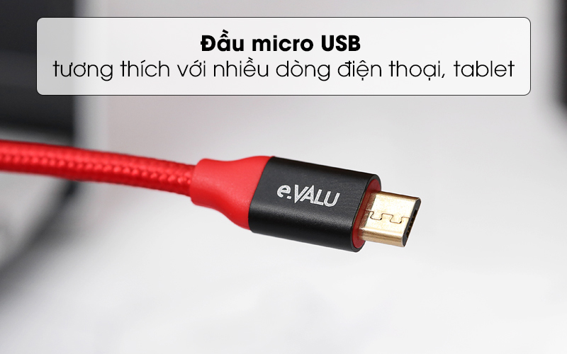 Đầu sạc micro USB tương thích với hầu hết điện thoại, tablet - Cáp Micro 1m eValu LTM -01 Đỏ đen