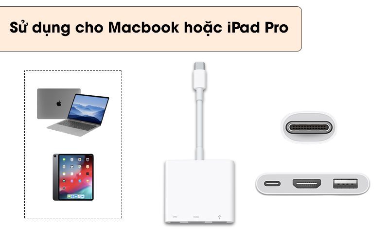 Sử dụng cho Macbook và iPad Pro - Adapter chuyển đổi Type C sang HDMI/Type C/USB Apple MUF82 Trắng