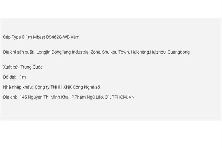 Cáp Type C 1m Mbest DS462G-WB Màu Xám